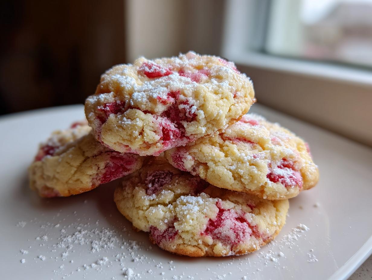 A close-up stack of four soft, crumbly raspberry cheesecake cookies dusted with powdered sugar.