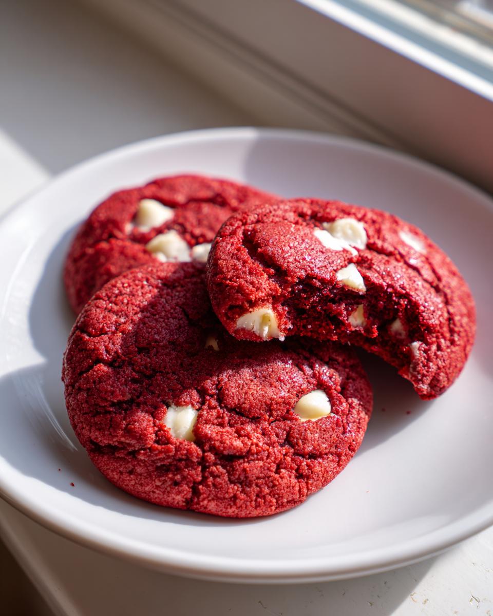 Three vibrant red velvet cake mix cookies with white chocolate chips stacked on a white plate, one cookie is broken open.