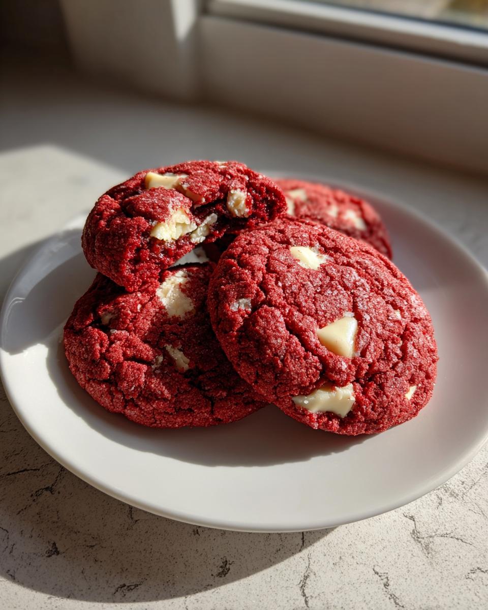 A stack of vibrant red velvet cake mix cookies studded with white chocolate chunks on a white plate.