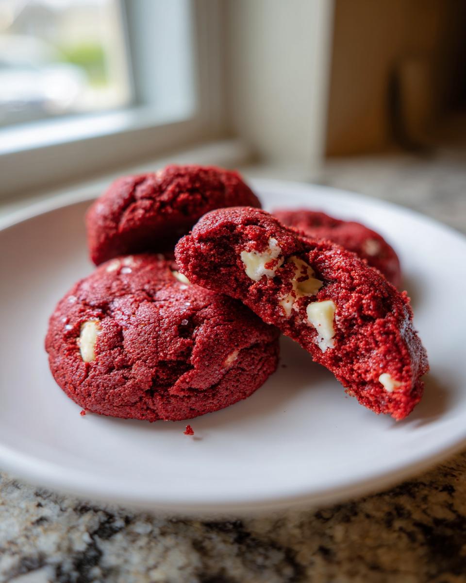 Close-up of soft red velvet cake mix cookies, one broken open showing gooey white chocolate chips inside.