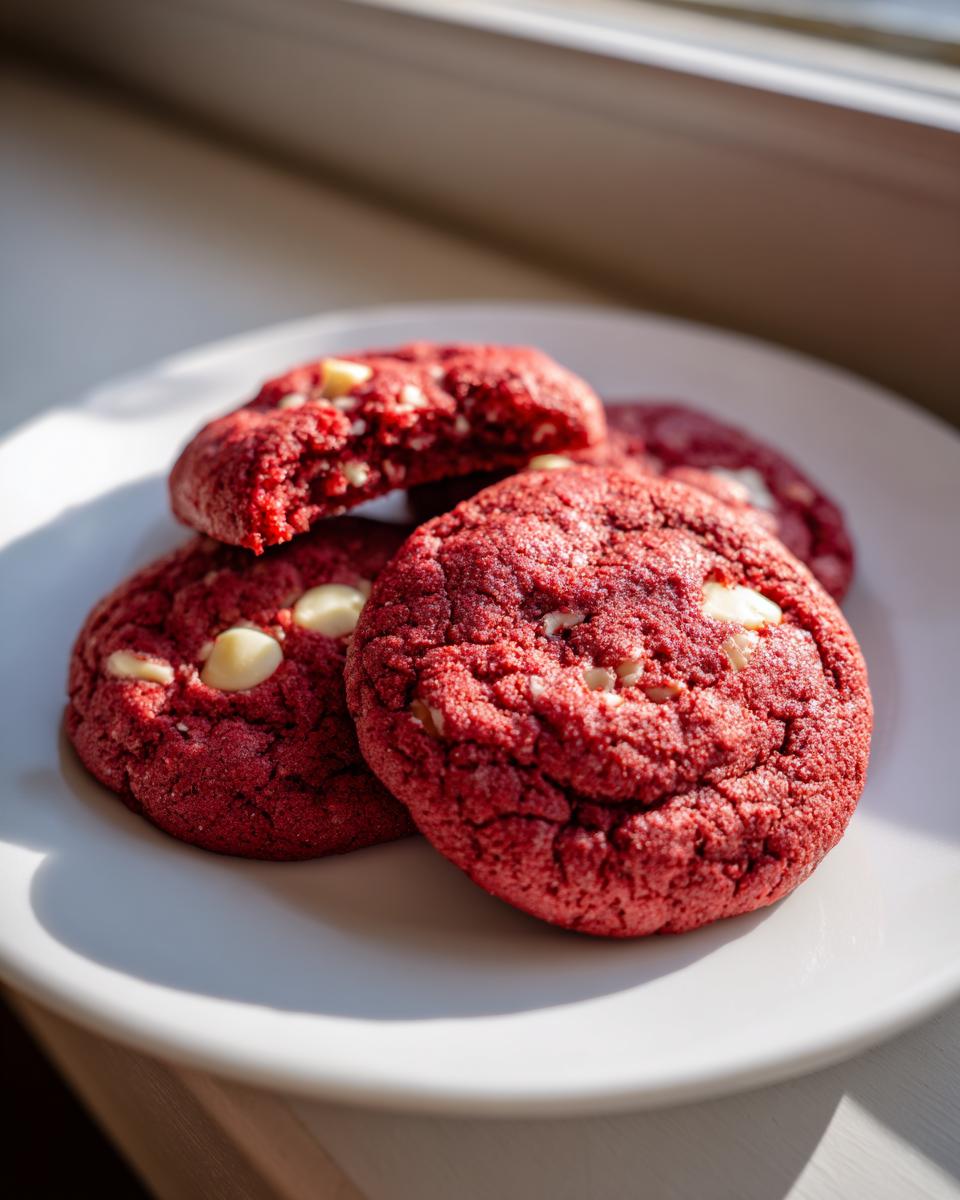 A stack of vibrant red velvet cake mix cookies studded with white chocolate chips on a white plate.