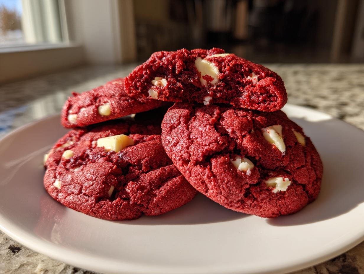 A stack of soft, vibrant red velvet cake mix cookies studded with white chocolate chips, one cookie broken open.