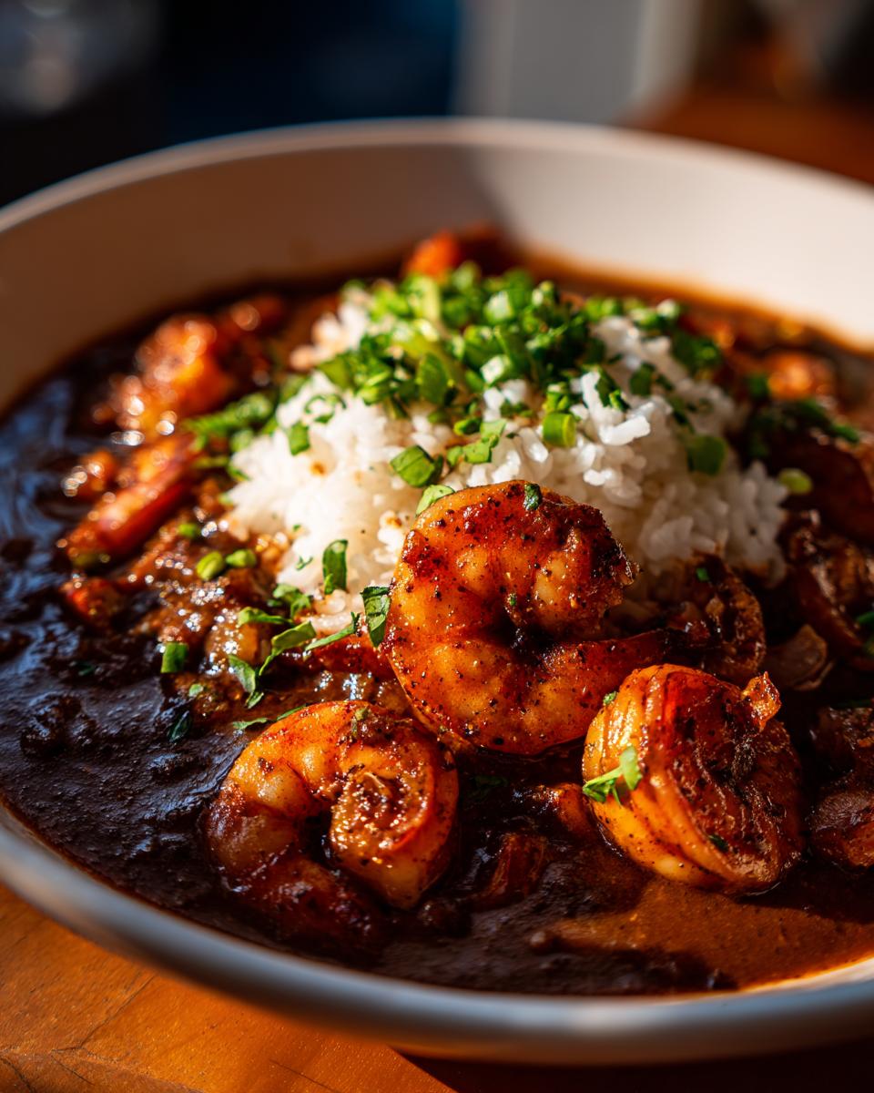 A close-up of a bowl of dark, rich shrimp etouffee served over white rice and topped with chopped green onions.