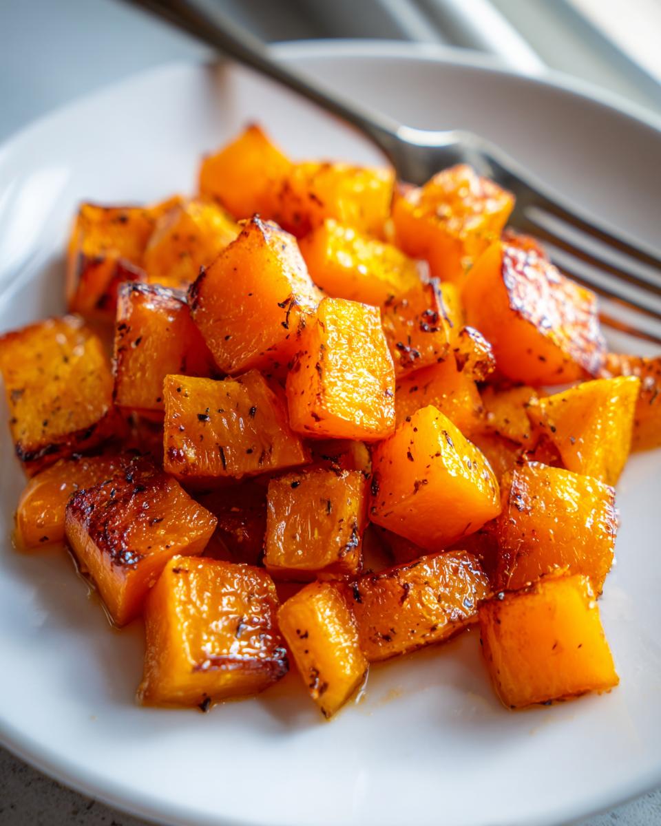 Close-up of caramelized, seasoned roasted butternut squash cubes served on a white plate.