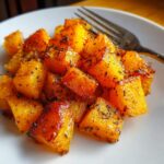 Close-up of glistening, caramelized roasted butternut squash cubes seasoned with dark herbs on a white plate.