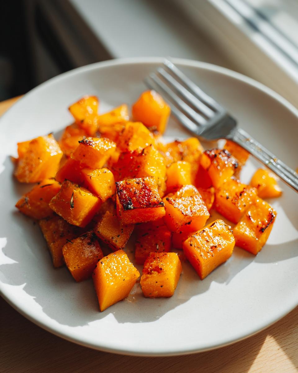 Close-up of perfectly roasted butternut squash cubes seasoned with herbs, served on a light plate next to a fork.