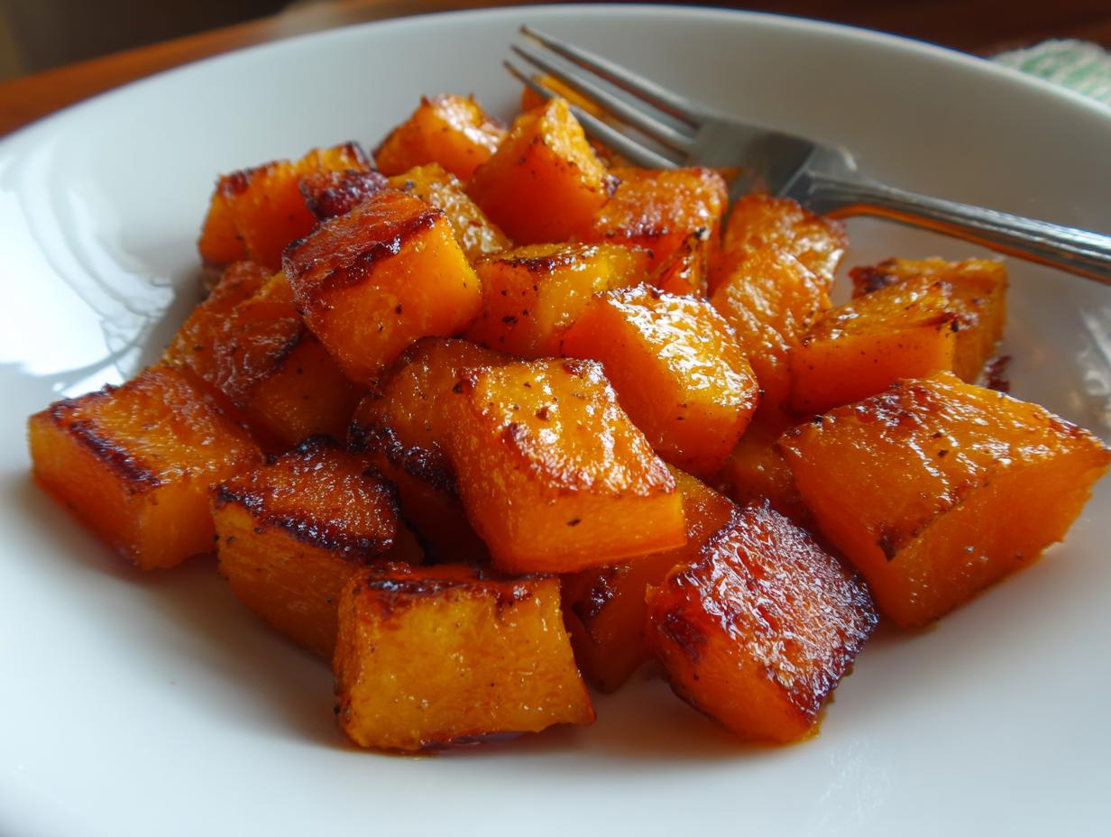 Close-up of caramelized, perfectly roasted butternut squash cubes served on a white plate with a fork.