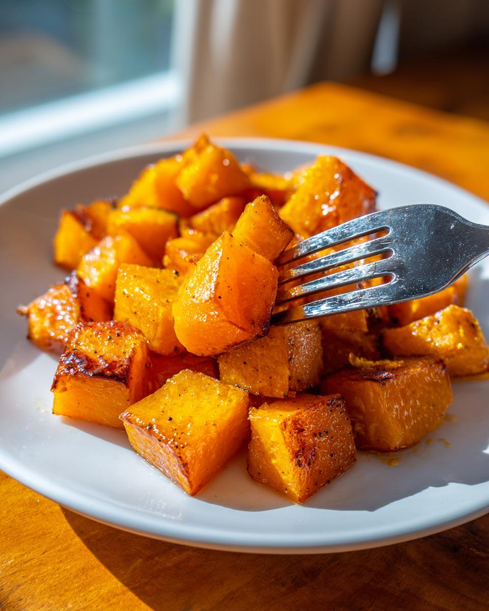 A fork lifts a caramelized cube of roasted butternut squash from a white plate filled with seasoned squash pieces.