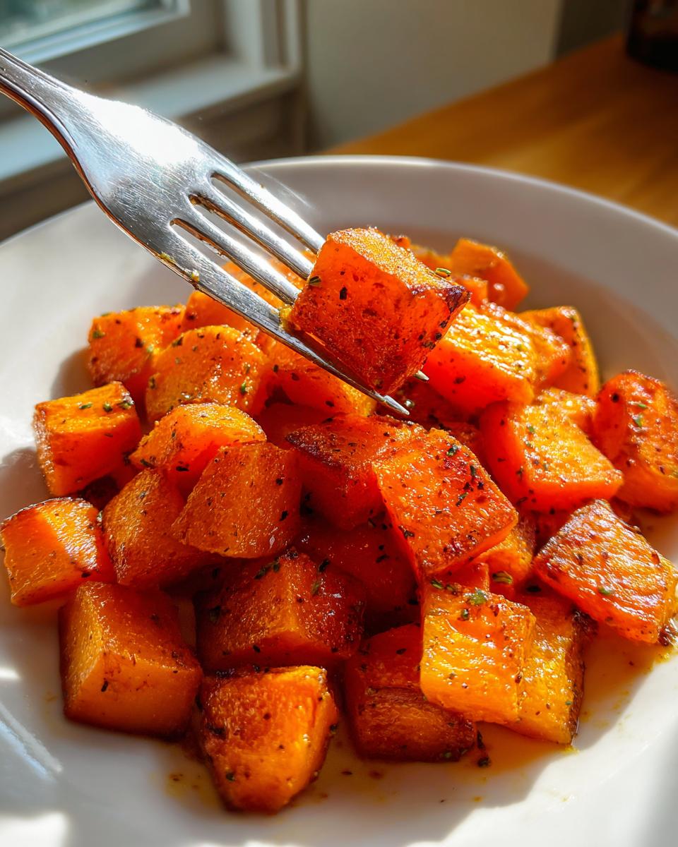 Close-up of a fork lifting a seasoned, caramelized cube of roasted butternut squash from a white plate.