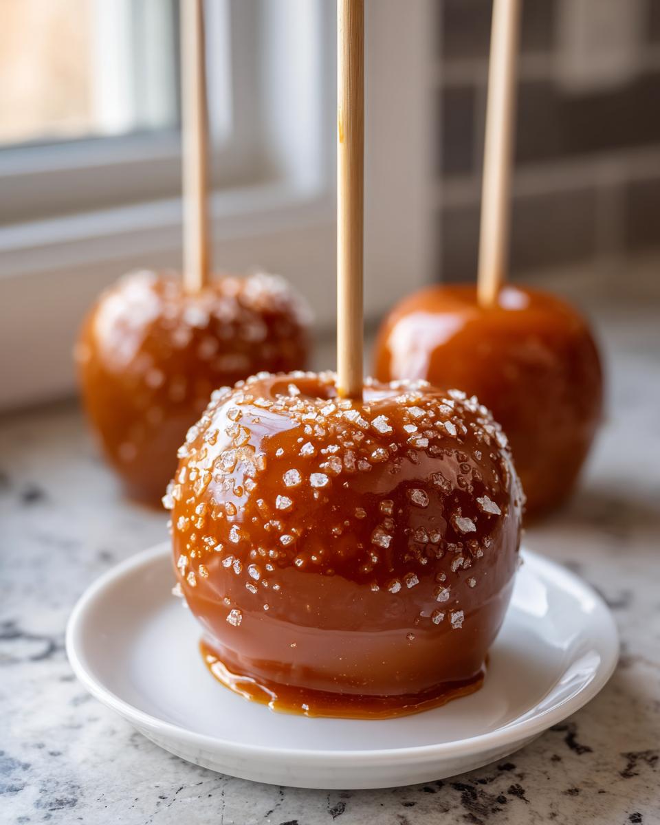Close-up of a homemade salted caramel apple on a small white plate, with two more caramel apples blurred in the background.