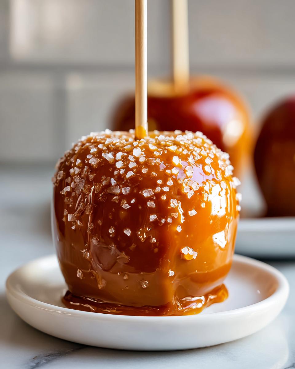 Close-up of a freshly made caramel apple coated in thick caramel and sprinkled with coarse sea salt, resting on a small white dish.
