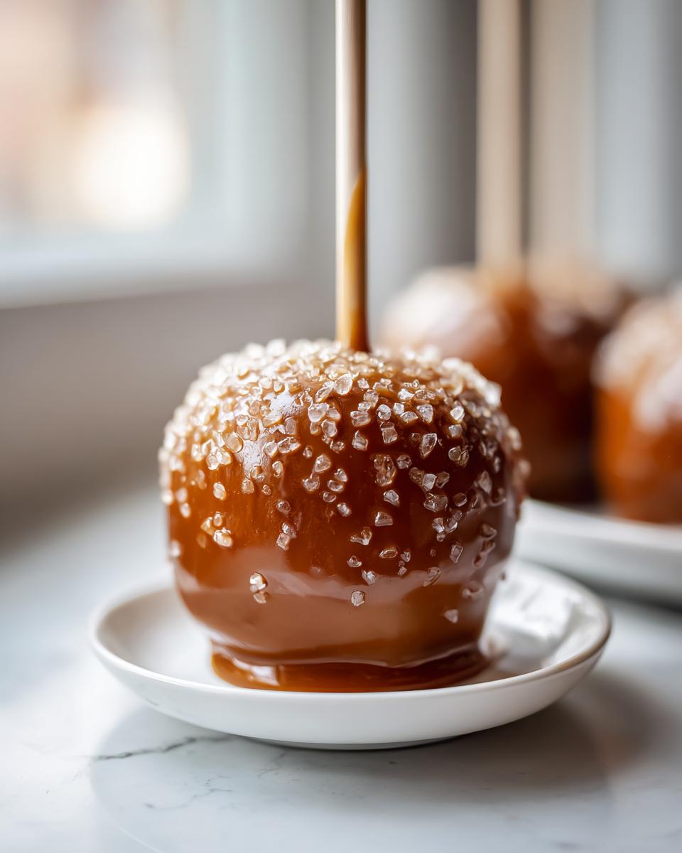 Close-up of a homemade caramel apple coated in glossy caramel and sprinkled with coarse sea salt crystals.