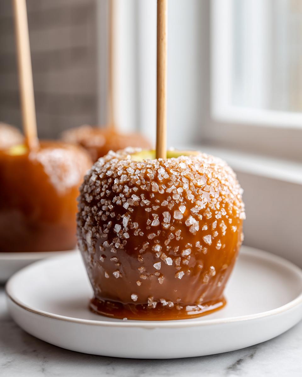 A close-up of a glossy caramel apple generously coated in coarse sea salt, served on a white plate.