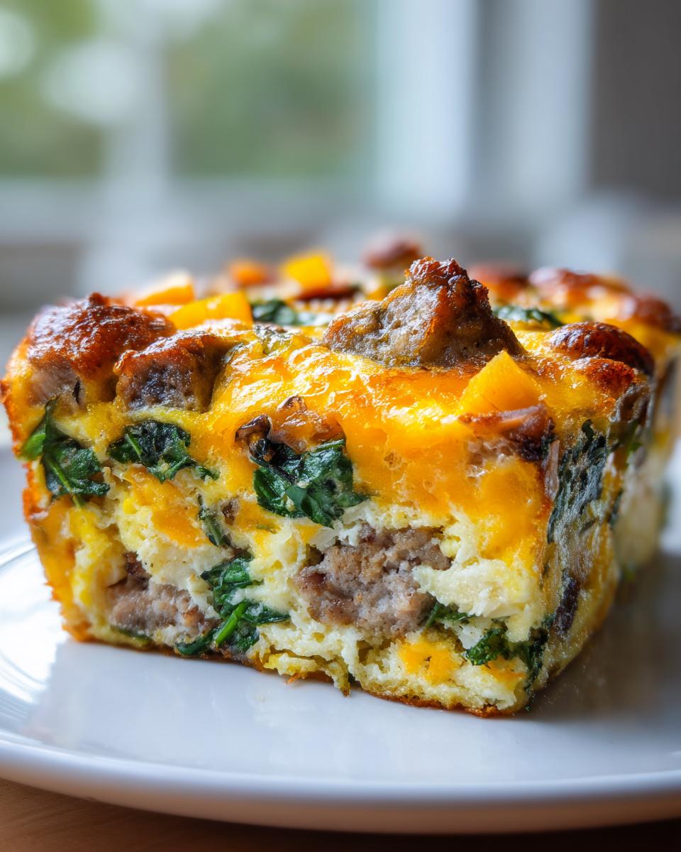A close-up of a thick slice of sausage and spinach egg bake topped with melted cheddar cheese.