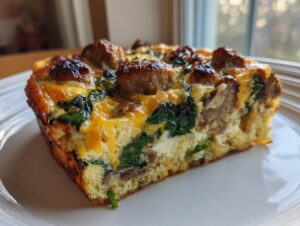 Close-up of a square slice of sausage and spinach egg bake, featuring golden-brown sausage and melted cheese.