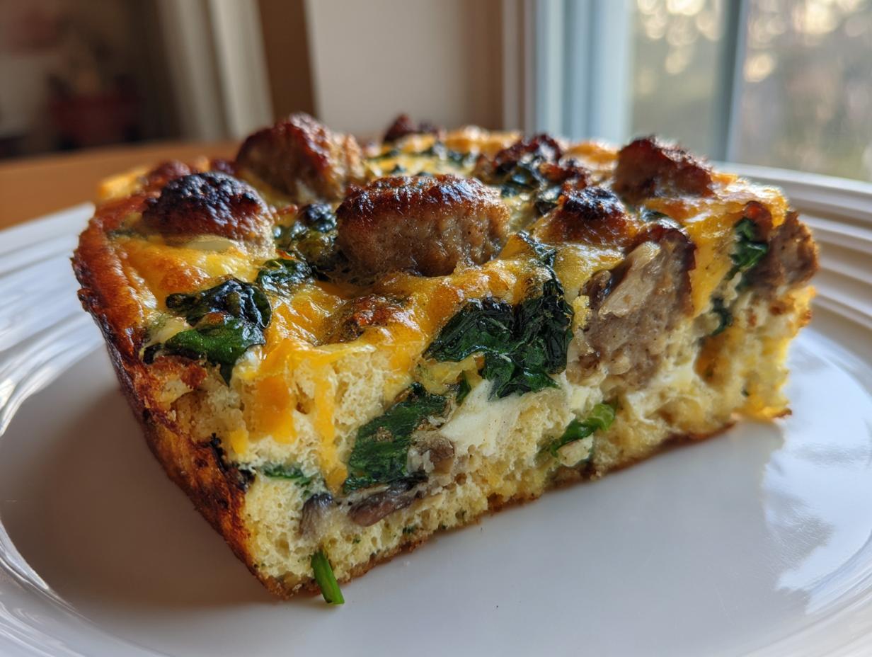 Close-up of a square slice of sausage and spinach egg bake, featuring golden-brown sausage and melted cheese.