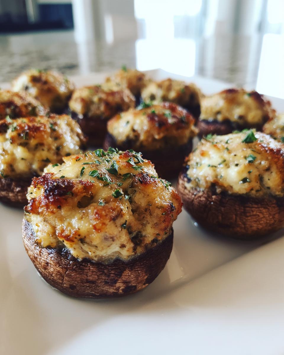 A close-up of several golden-brown, baked sausage stuffed mushrooms garnished with parsley on a white plate.