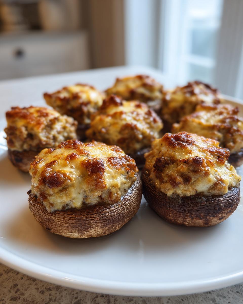 Close-up of several baked sausage stuffed mushrooms with browned, cheesy tops, arranged on a white serving plate.