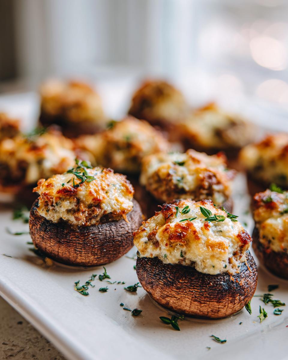 Close-up of baked sausage stuffed mushrooms topped with melted, browned cheese and fresh thyme.