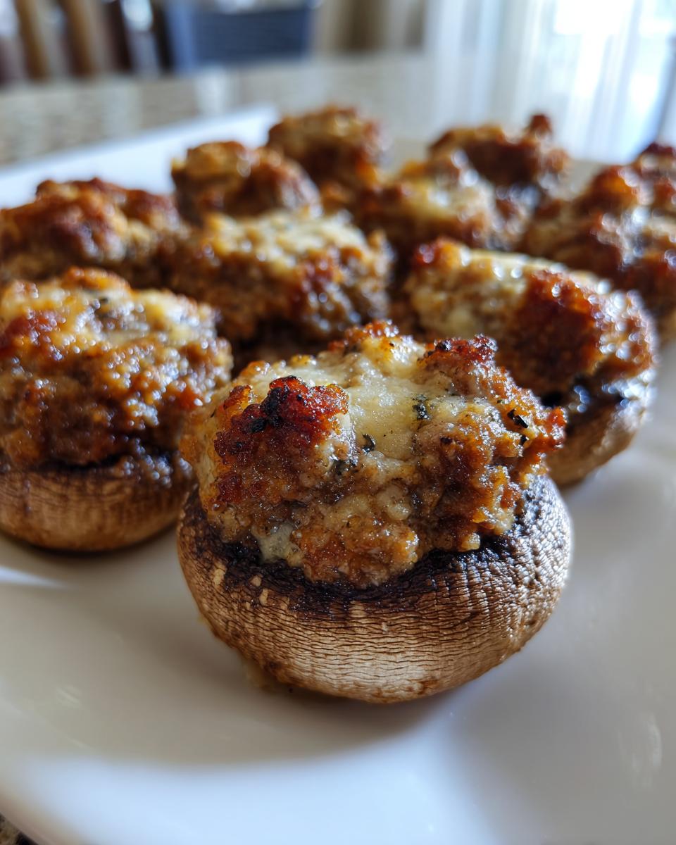 A close-up of freshly baked sausage stuffed mushrooms, browned and topped with melted cheese, served on a white plate.
