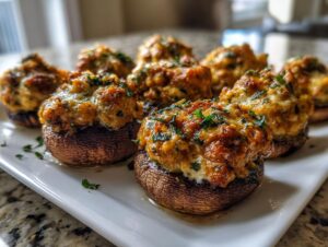 A close-up of several baked sausage stuffed mushrooms garnished with fresh parsley on a white serving platter.