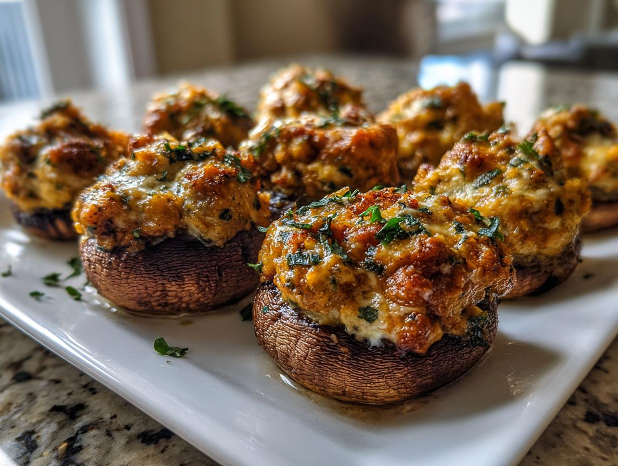 A close-up of several baked sausage stuffed mushrooms garnished with fresh parsley on a white serving platter.