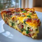 Close-up of a thick slice of savory egg bake featuring sausage, spinach, and a golden-brown cheese top.