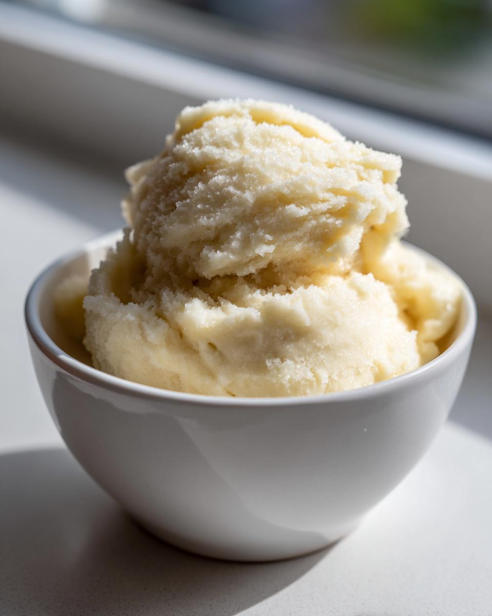 A close-up of a generous scoop of creamy, pale yellow banana ice cream in a white bowl.