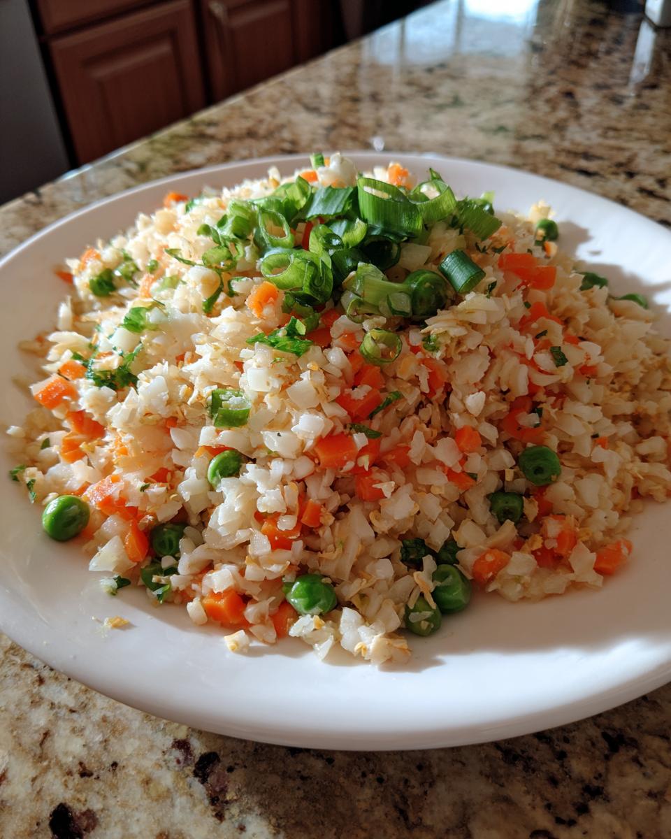 A plate piled high with homemade cauliflower rice mixed with peas and carrots, topped with fresh green onions.