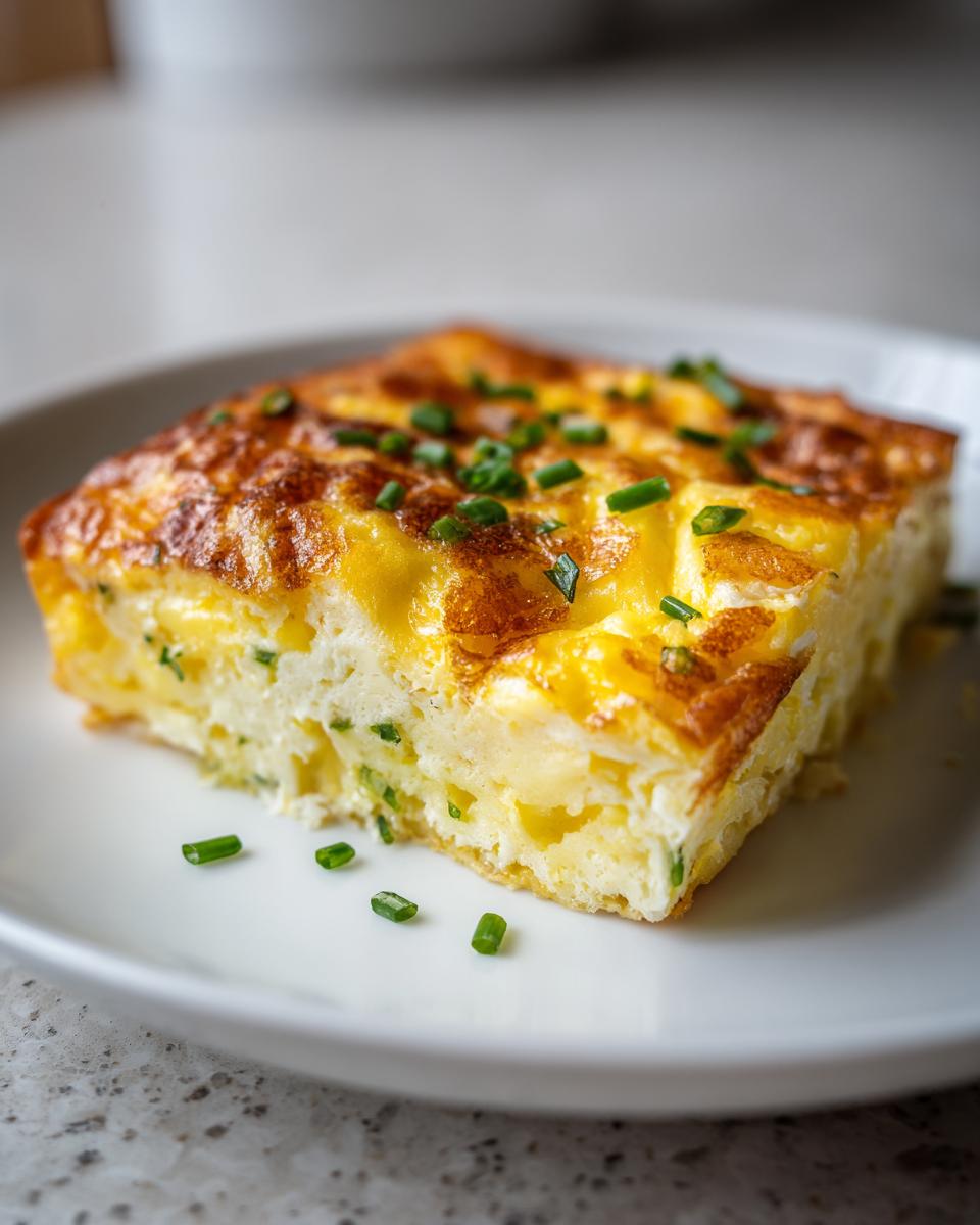 A square slice of baked sheet pan eggs, golden brown on top and garnished with fresh chives.