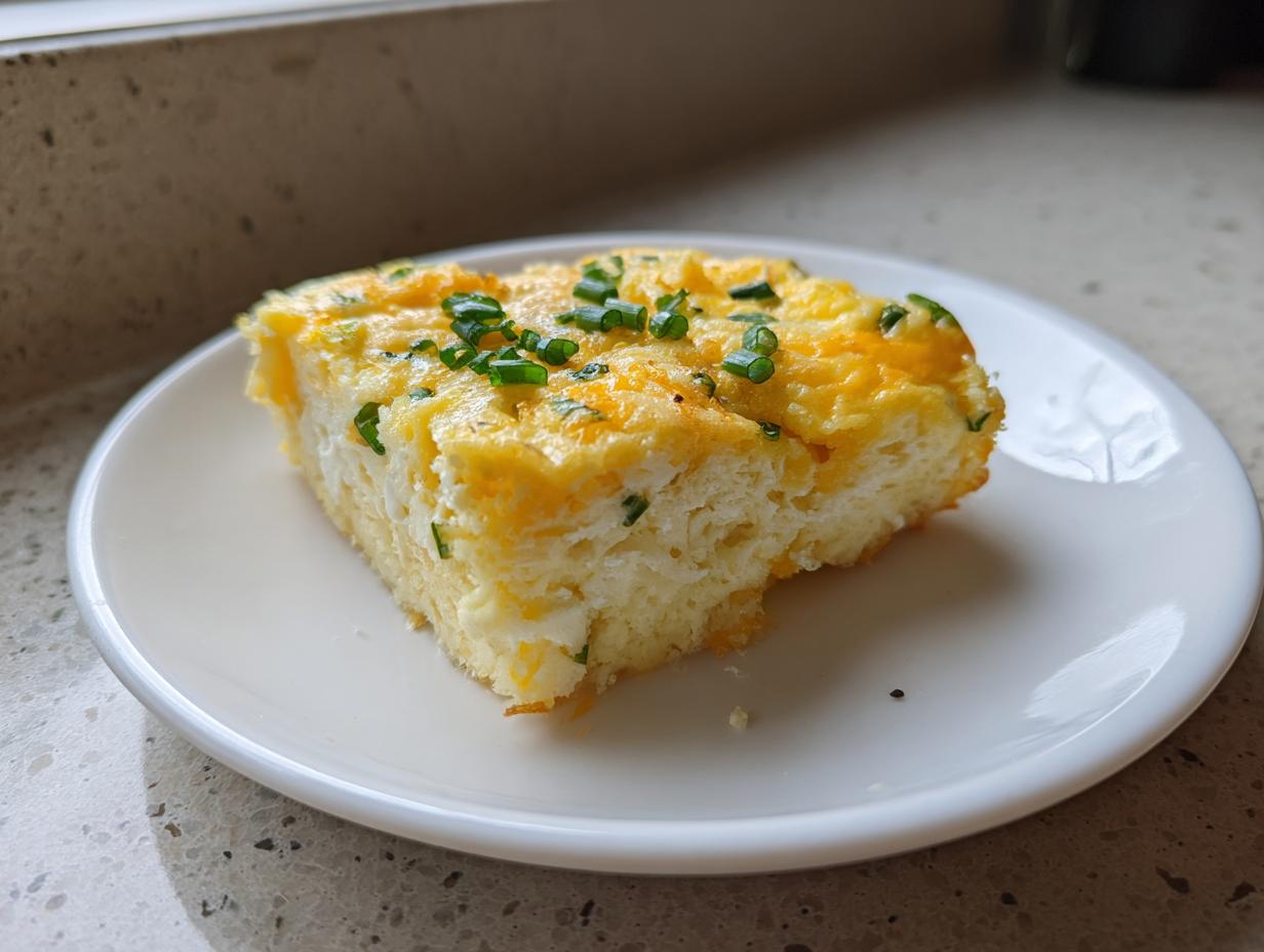A square slice of fluffy sheet pan eggs topped with melted cheddar cheese and fresh green chives on a white plate.