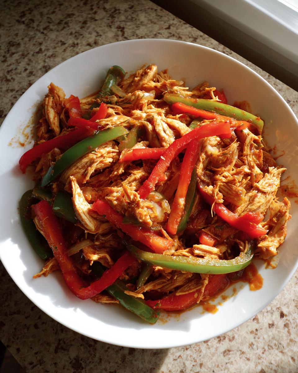 A white bowl filled with shredded chicken, red bell peppers, and green bell peppers for crockpot chicken fajitas.
