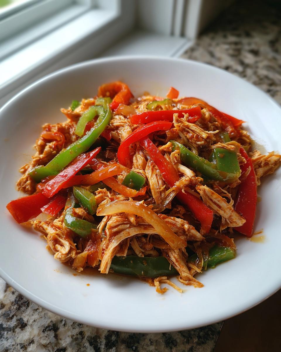Close-up of shredded chicken mixed with vibrant red and green bell peppers, ready for crockpot chicken fajitas.