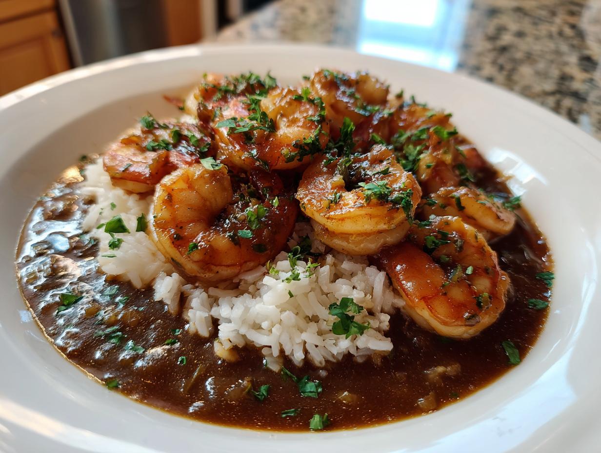A close-up of flavorful shrimp etouffee served over a bed of white rice, garnished with fresh parsley.