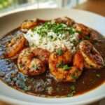 Close-up of a bowl of rich, dark shrimp etouffee served with white rice and topped with fresh parsley.