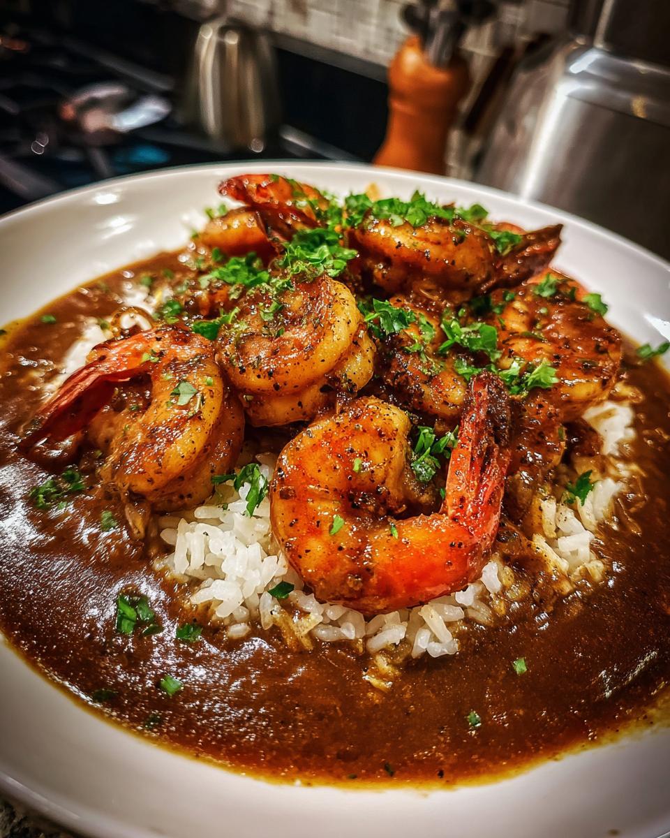 Close-up of a hearty bowl of shrimp etouffee served over white rice, topped with plump seasoned shrimp and fresh parsley.