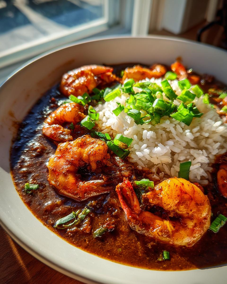 A close-up bowl of rich, dark shrimp etouffee with plump shrimp served alongside white rice and topped with chopped green onions.