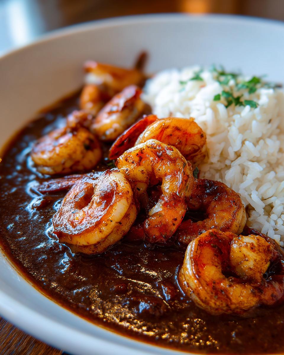 A close-up shot of perfectly cooked shrimp nestled in a rich, dark roux sauce, served alongside fluffy white rice, characteristic of shrimp etouffee.