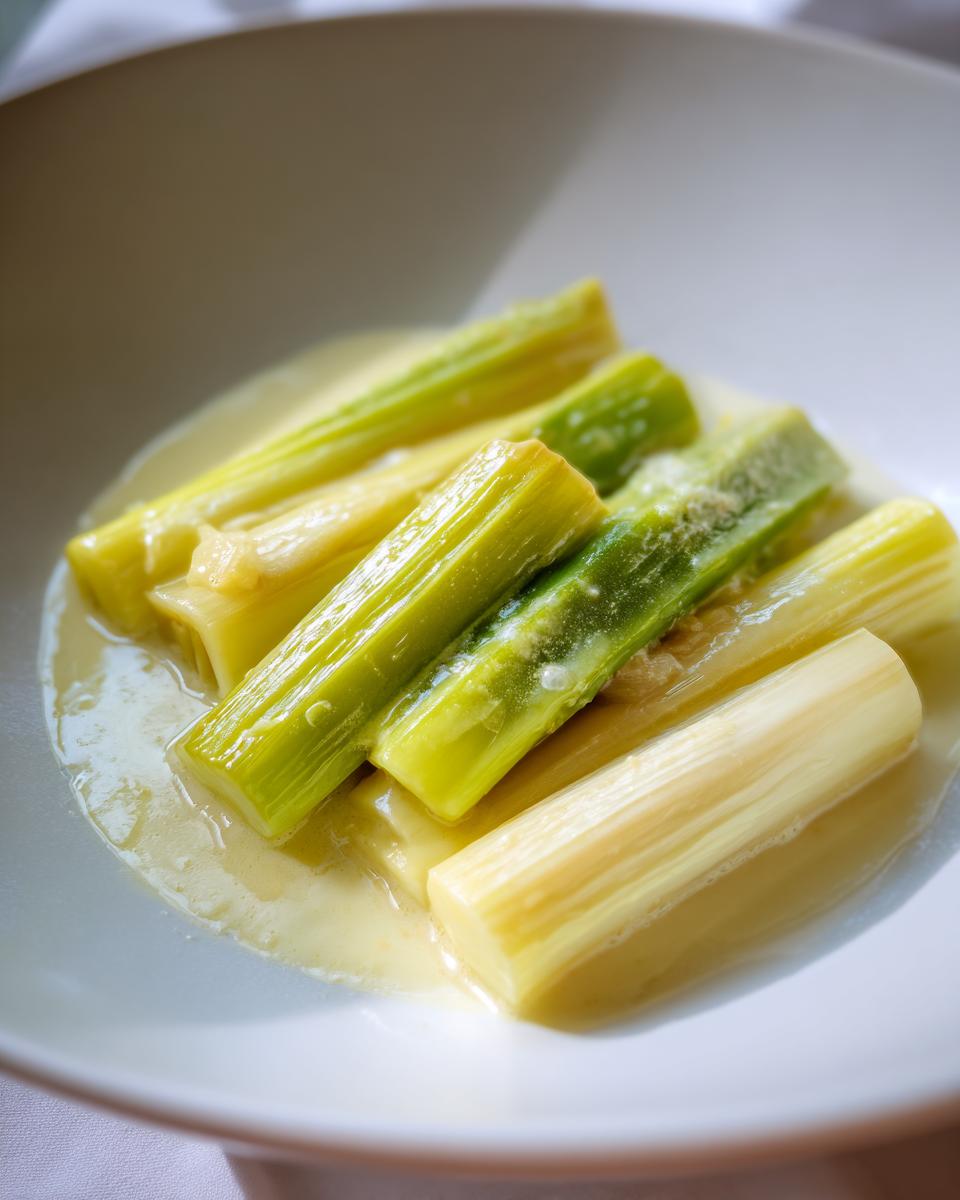 Five pieces of tender braised leeks served in a light cream sauce, sprinkled with cheese.