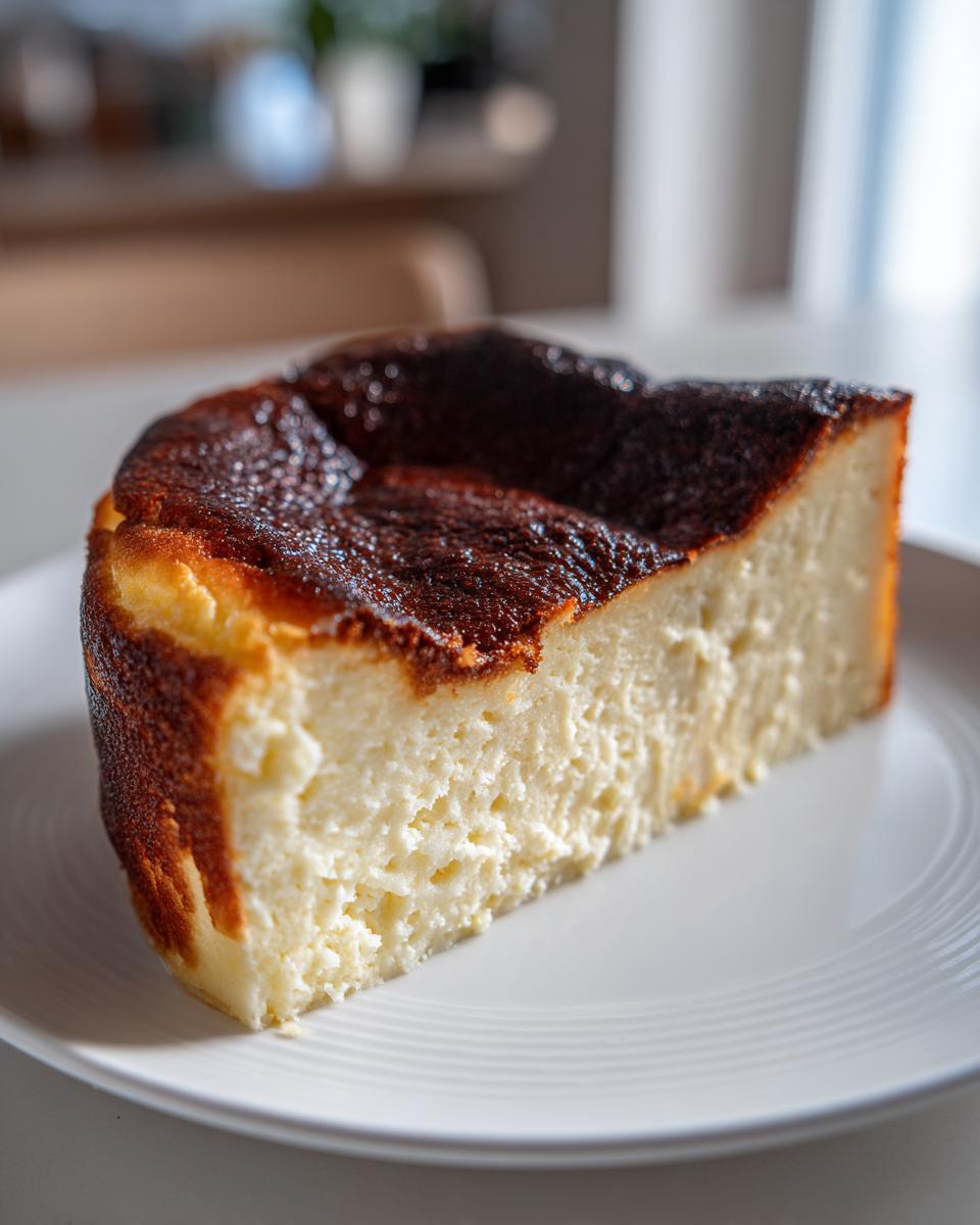 A thick slice of creamy Basque cheesecake showing its signature dark, caramelized top.