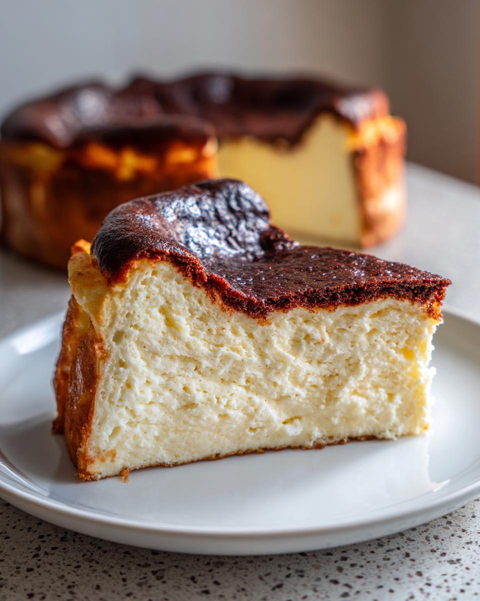 A thick slice of creamy Basque cheesecake with a dark, caramelized top resting on a white plate.