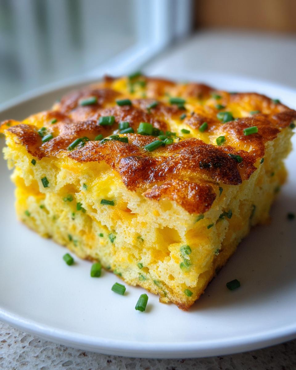 A square slice of baked sheet pan eggs, fluffy and yellow with melted cheese and topped with fresh green chives.