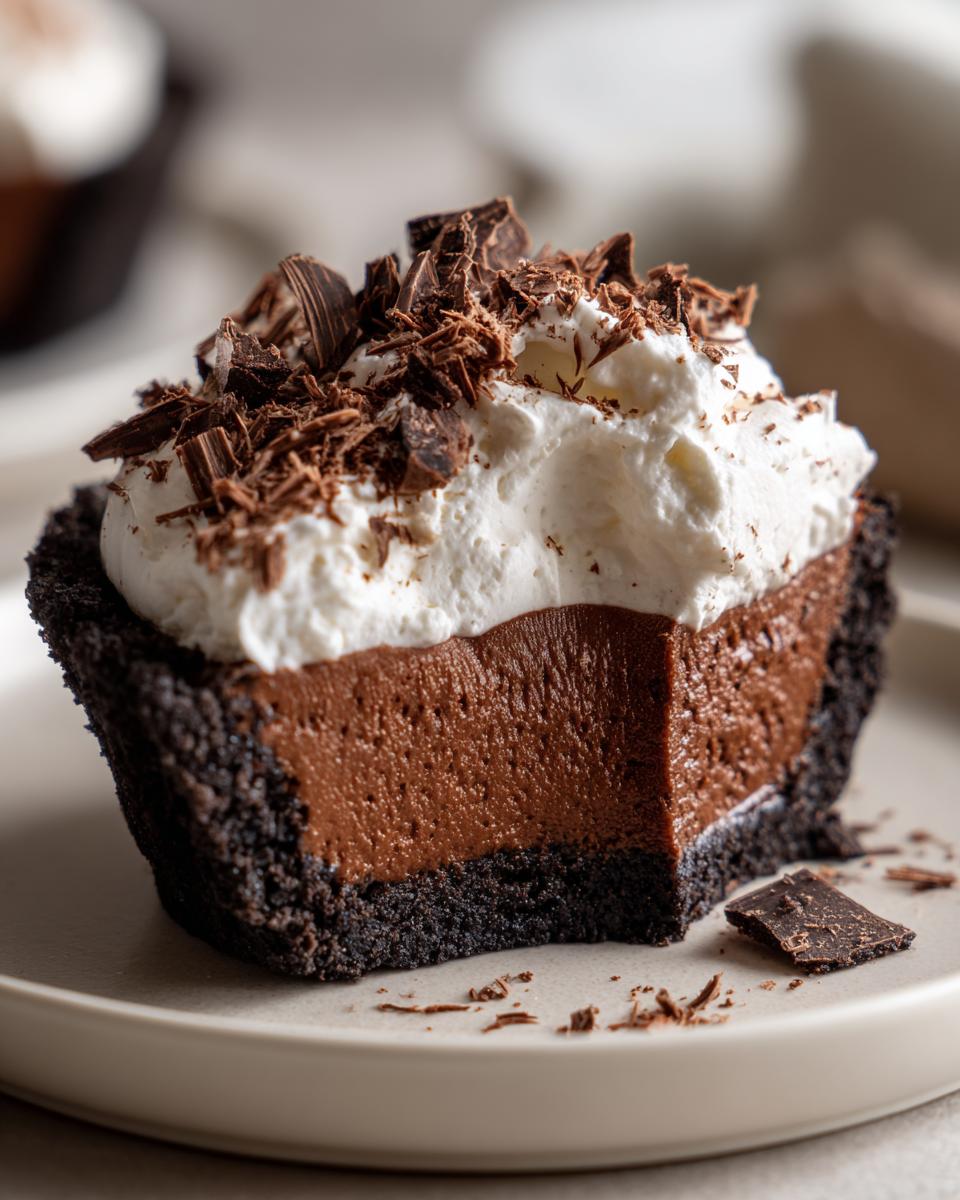 A close-up of a slice of chocolate mousse pie showing the dark crust, rich filling, and whipped cream topping garnished with chocolate shavings.