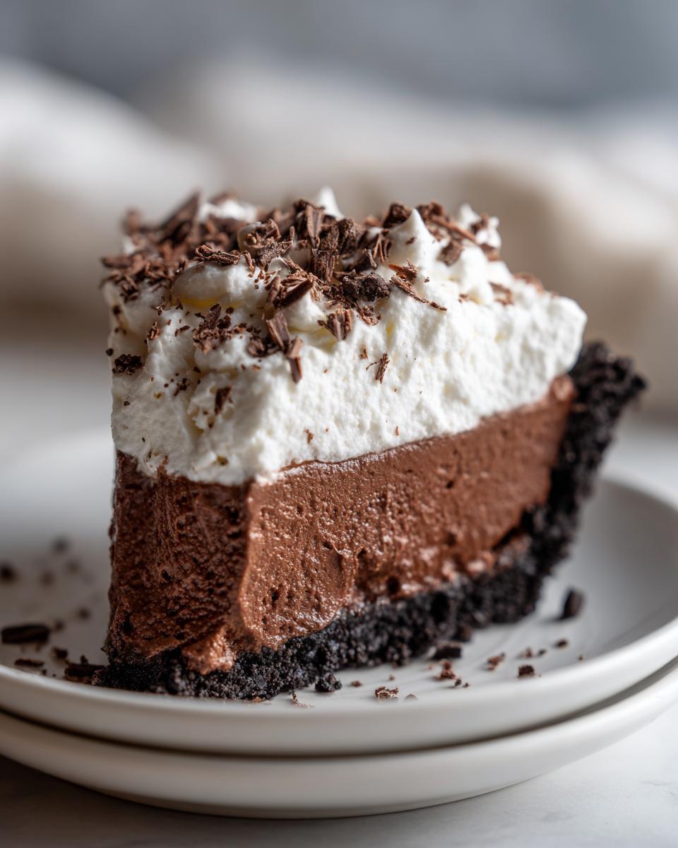 A perfect slice of chocolate mousse pie featuring a dark crust, thick chocolate filling, and topped with whipped cream and chocolate shavings.