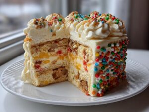 Cross-section view of a layered Christmas Tree Cheesecake showing fruit, nuts, creamy filling, and colorful sprinkles.