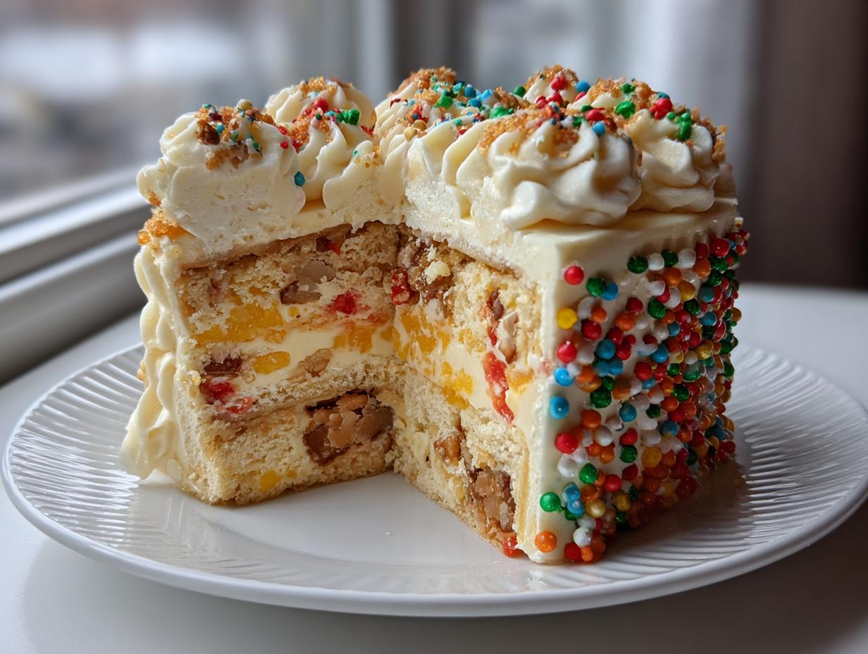 Cross-section view of a layered Christmas Tree Cheesecake showing fruit, nuts, creamy filling, and colorful sprinkles.