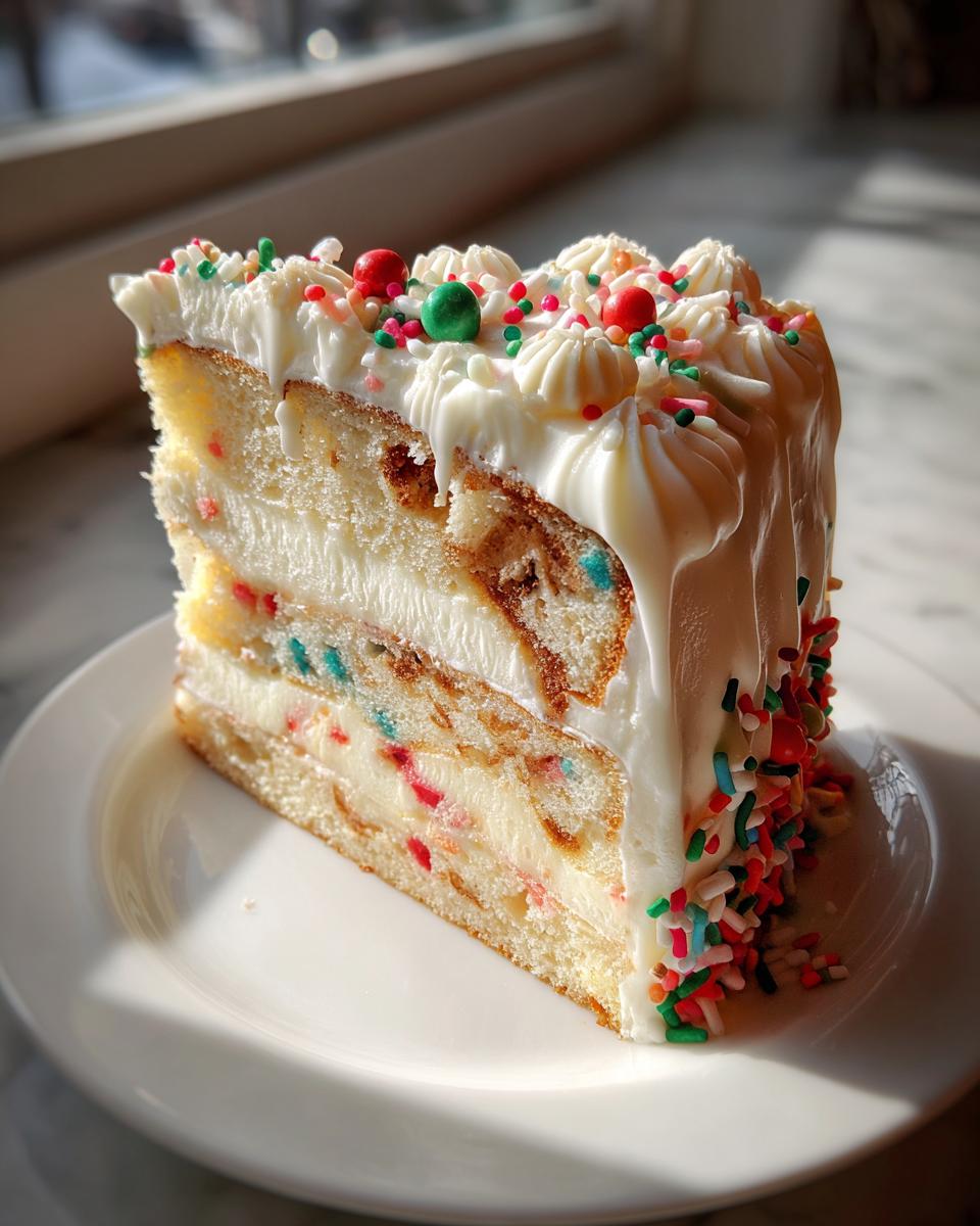 A tall slice of festive Christmas tree cheesecake layered with white frosting and colorful sprinkles.