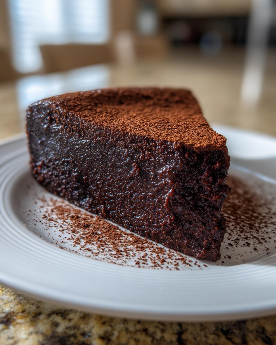 A close-up of a dense, dark slice of flourless chocolate torte dusted heavily with cocoa powder on a white plate.