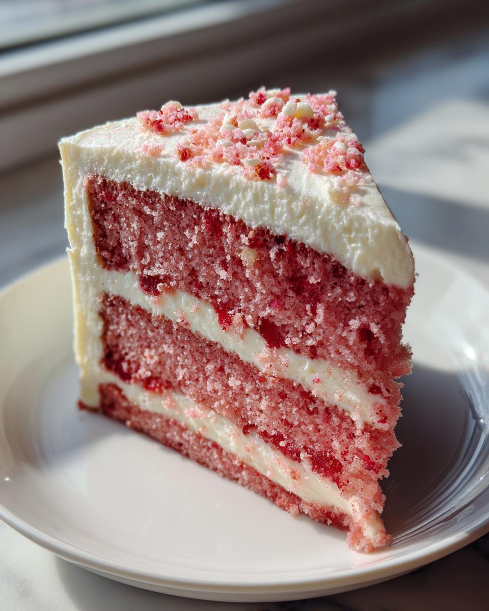A tall slice of moist, pink layered strawberry cake filled and topped with white frosting and pink sprinkles.