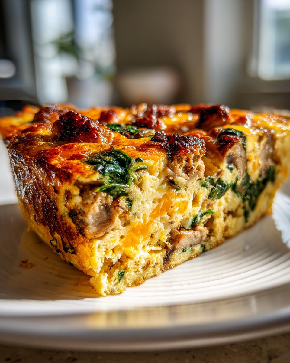 A close-up slice of a hearty egg bake showing layers of golden egg, spinach, mushrooms, and sausage, baked to a deep brown crust.